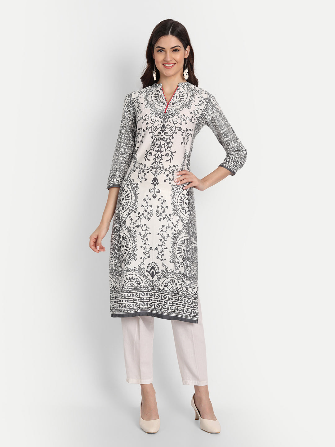 COTTON PRINTED LONG KURTI WITH STAND COLLAR