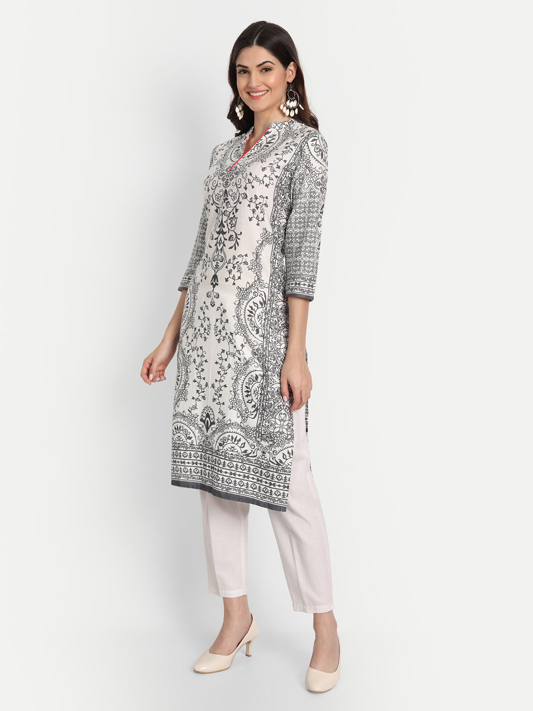 COTTON PRINTED LONG KURTI WITH STAND COLLAR