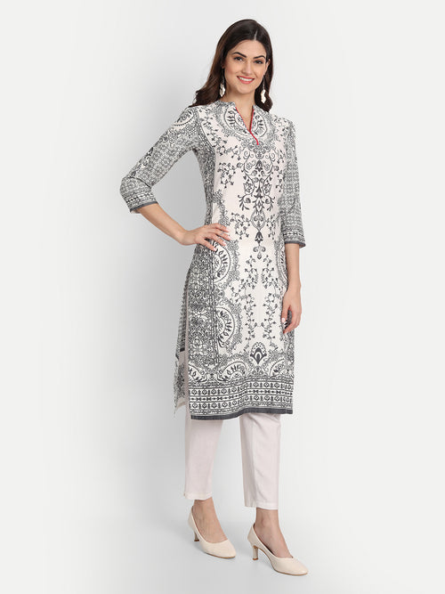 COTTON PRINTED LONG KURTI WITH STAND COLLAR