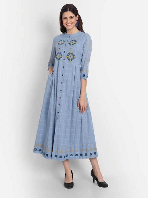 Chikankari Embroidered Flared Long Dress