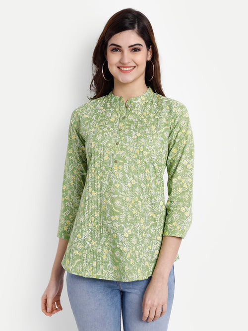 Cotton Floral Printed Top with Pintucks