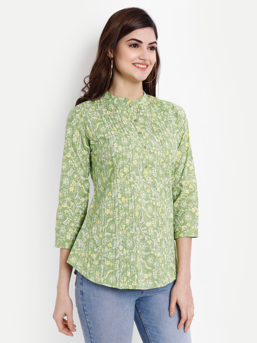 Cotton Floral Printed Top with Pintucks