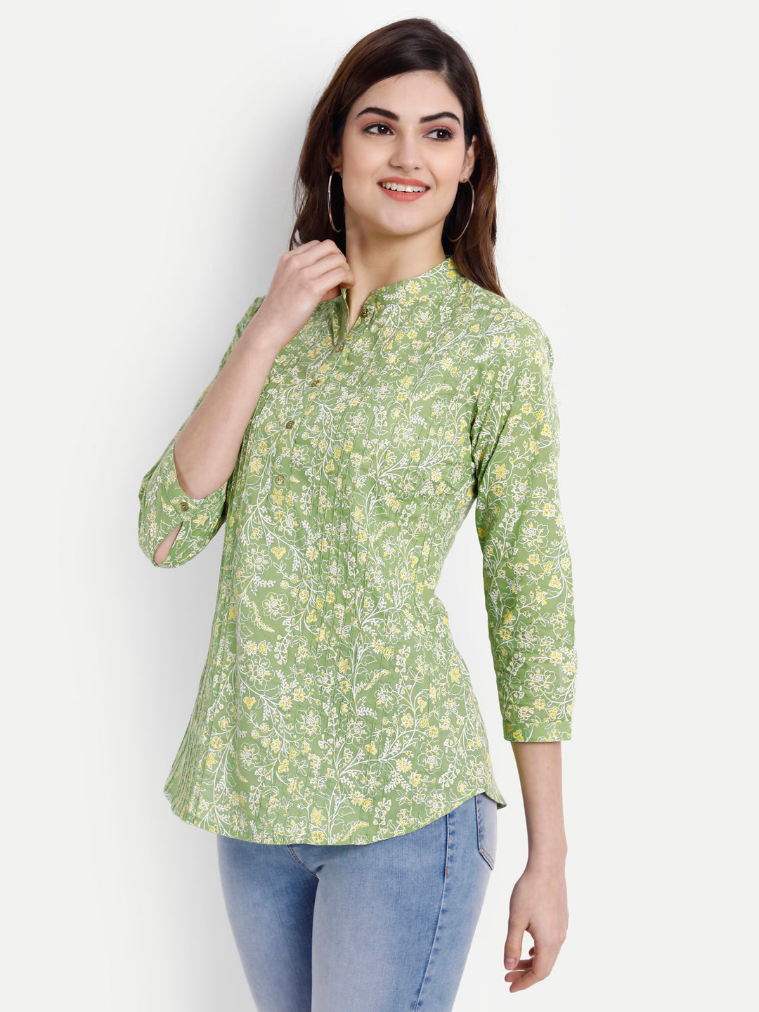 Cotton Floral Printed Top with Pintucks