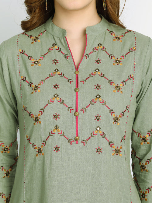 MIRROR EMBROIDERED A-LINE LONG KURTI WITH HANDWORK