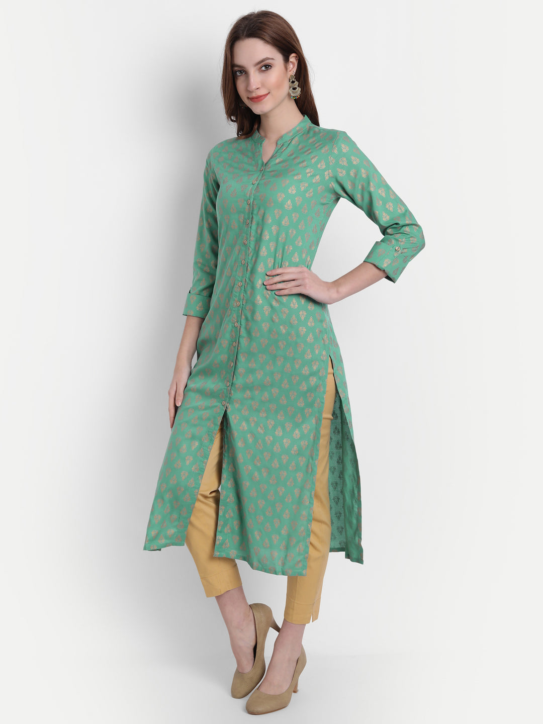 Suti Women Rayon Gold Printed Long Kurti