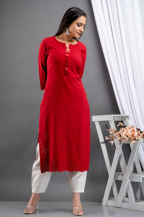 Rayon Linen Long Kurti With Schiffli Embroidery