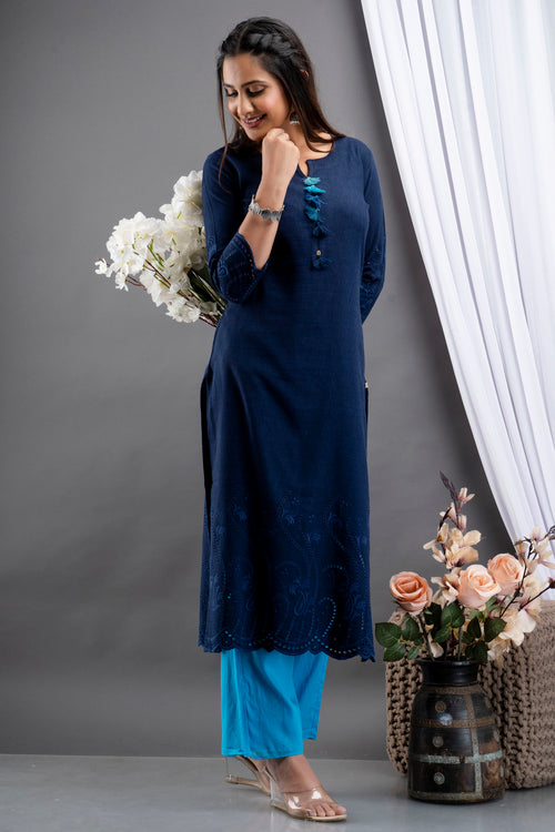 Rayon Linen Long Kurti With Schiffli Embroidery