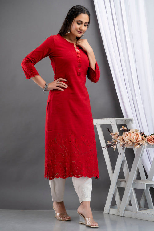 Rayon Linen Long Kurti With Schiffli Embroidery