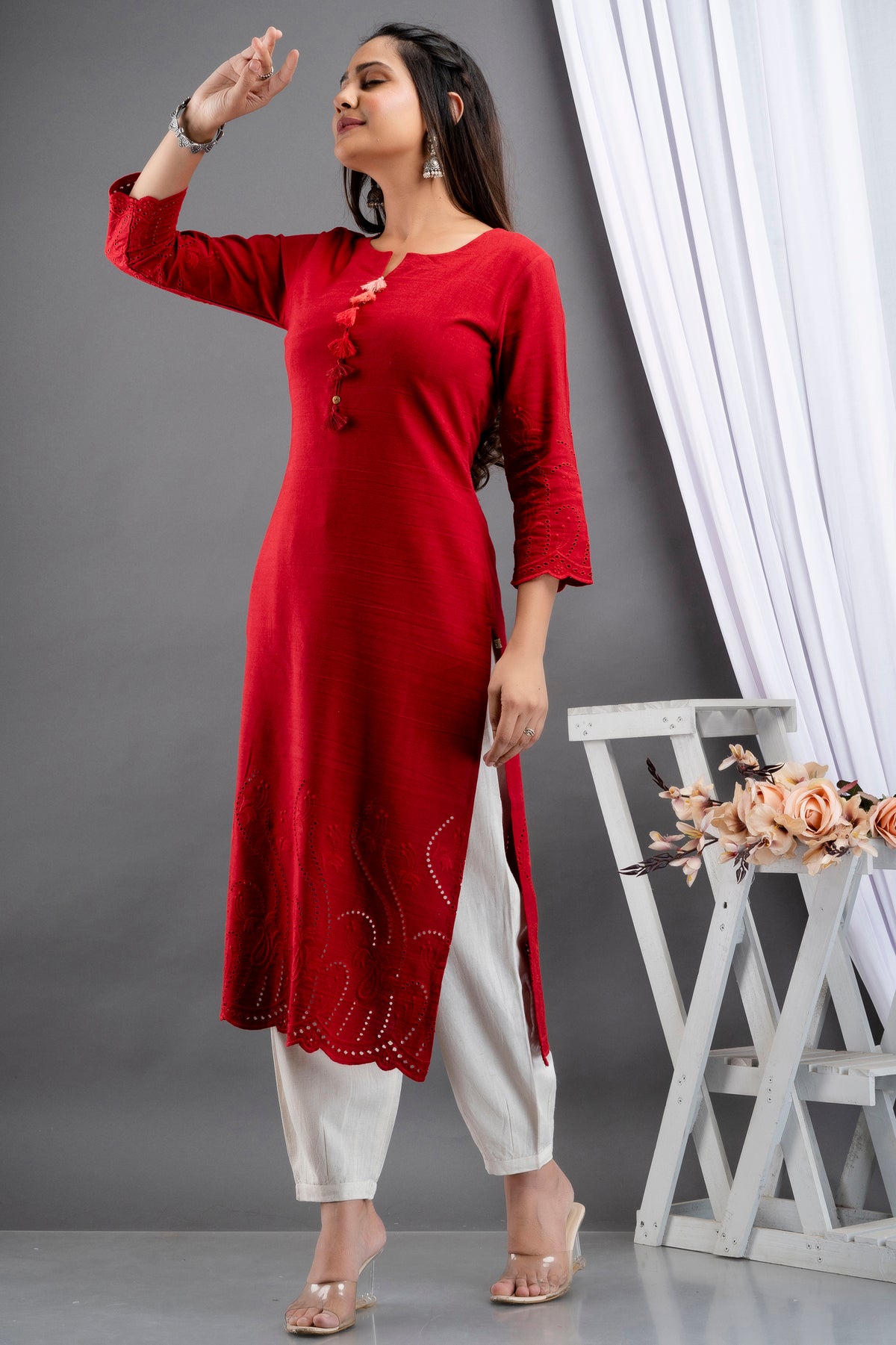 Rayon Linen Long Kurti With Schiffli Embroidery