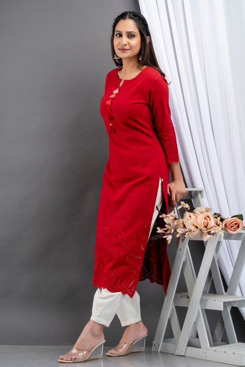 Rayon Linen Long Kurti With Schiffli Embroidery