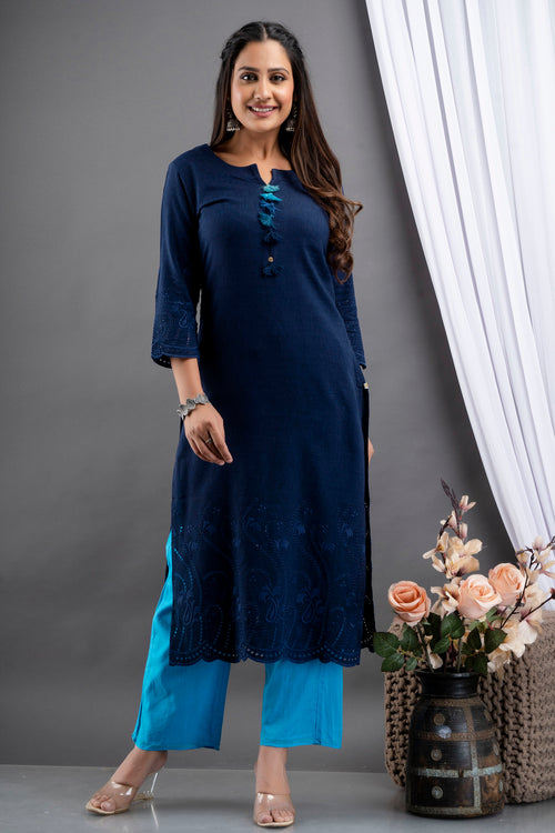 Rayon Linen Long Kurti With Schiffli Embroidery