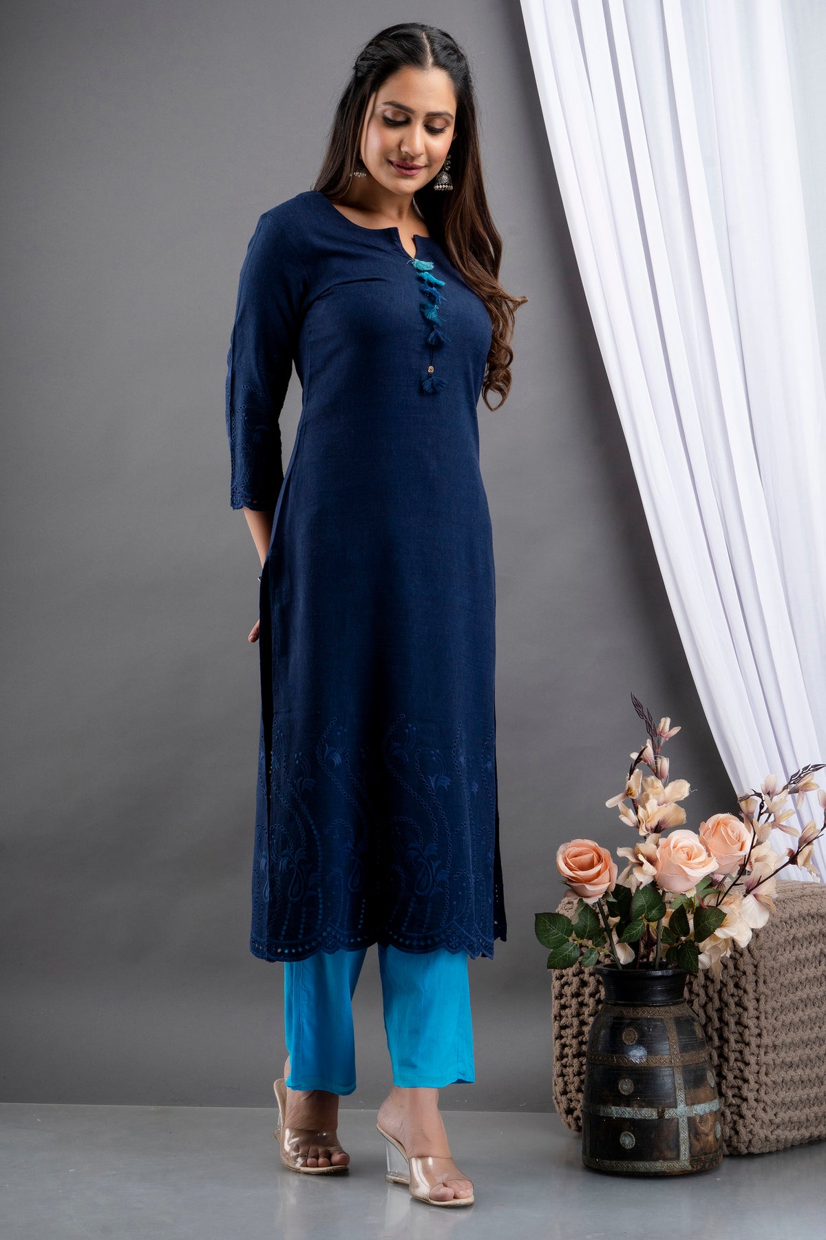 Rayon Linen Long Kurti With Schiffli Embroidery