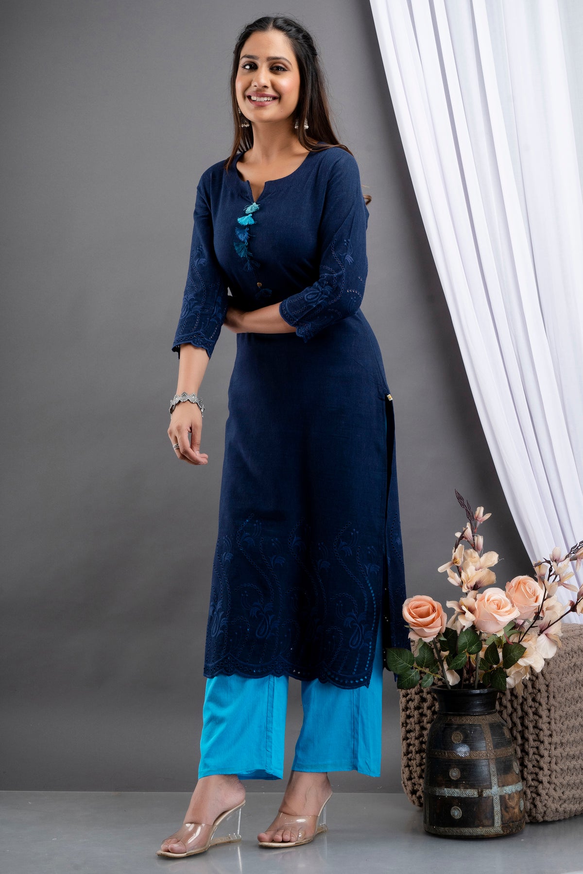 Rayon Linen Long Kurti With Schiffli Embroidery