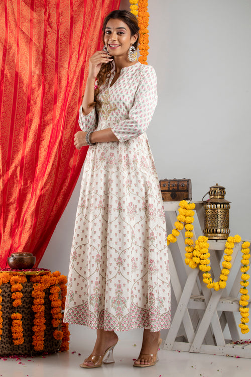 Hand Embellished Floral Printed Anarkali Dress