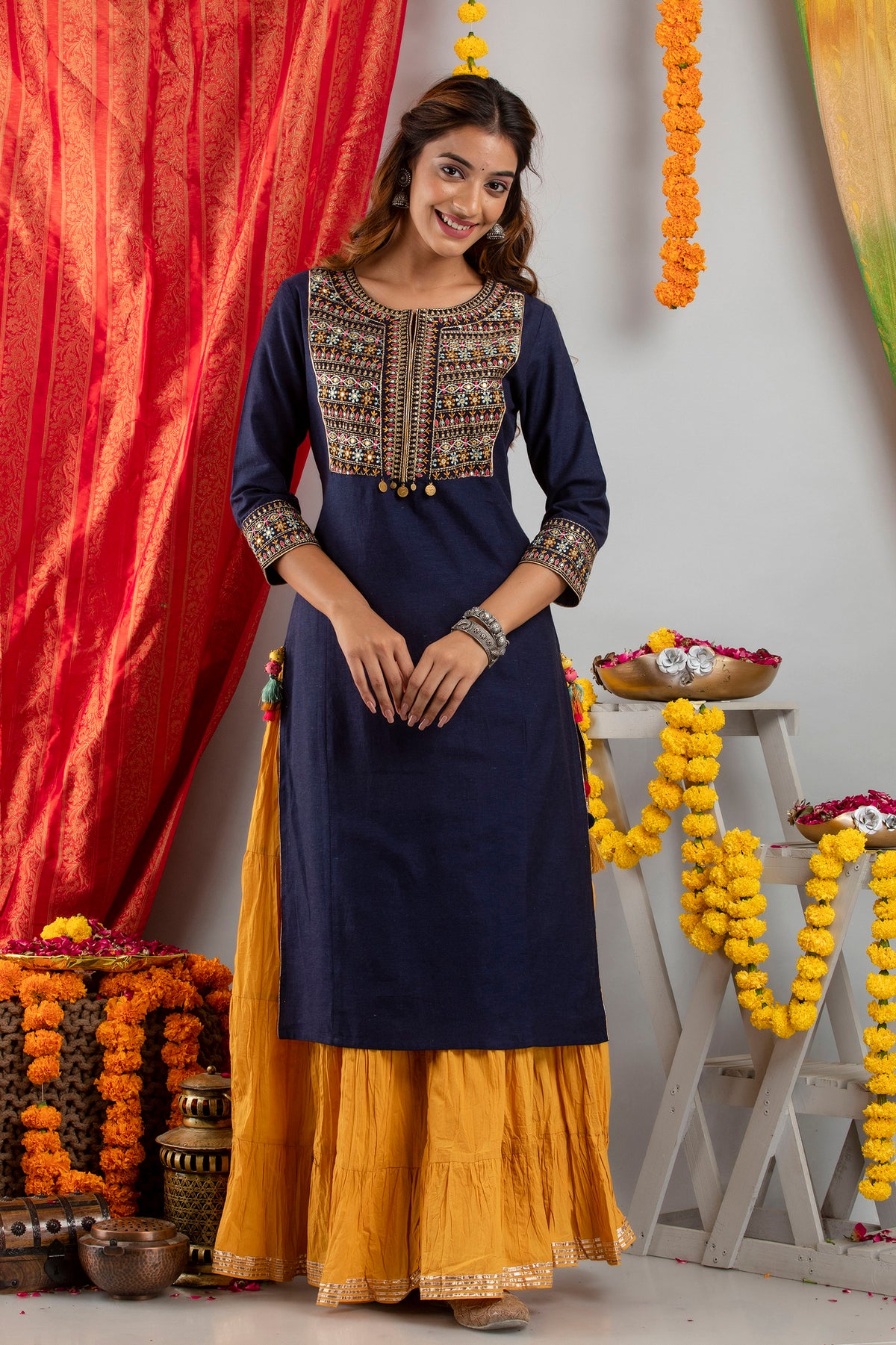 EMBROIDERED FESTIVE WEAR LONG KURTI WITH MIRROR WORK