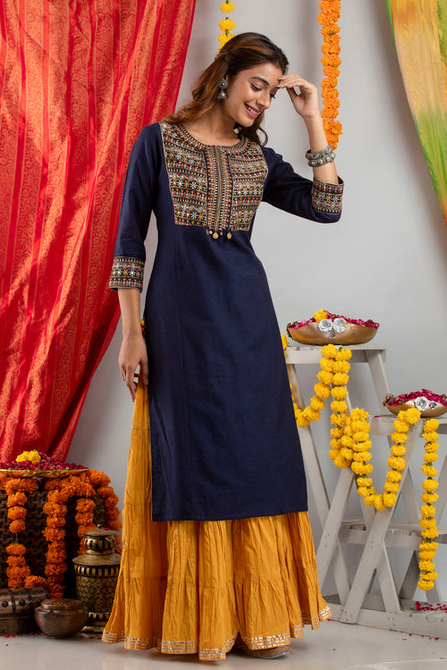 EMBROIDERED FESTIVE WEAR LONG KURTI WITH MIRROR WORK