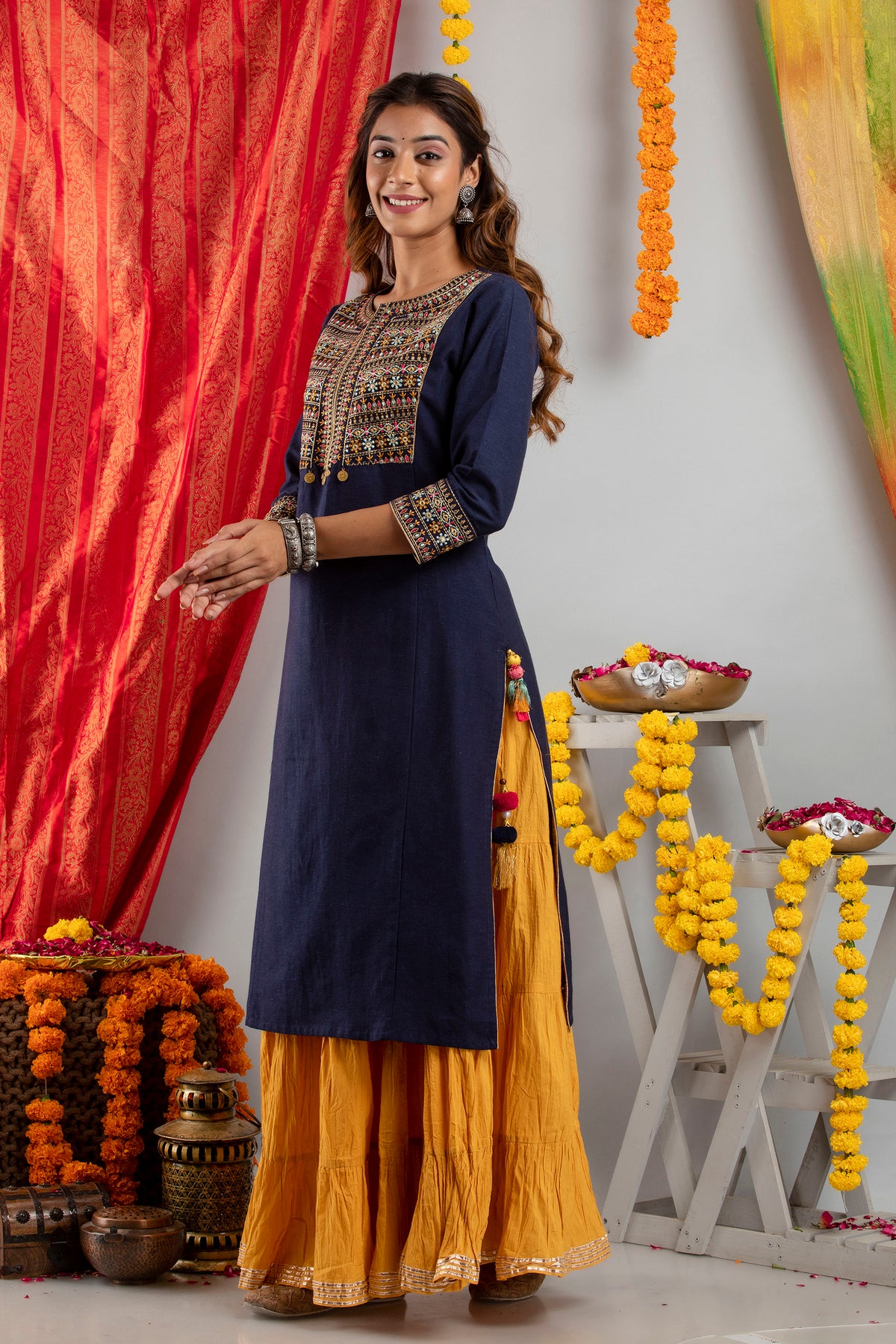 EMBROIDERED FESTIVE WEAR LONG KURTI WITH MIRROR WORK