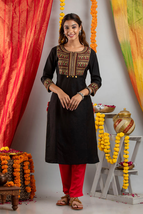 EMBROIDERED FESTIVE WEAR LONG KURTI WITH MIRROR WORK