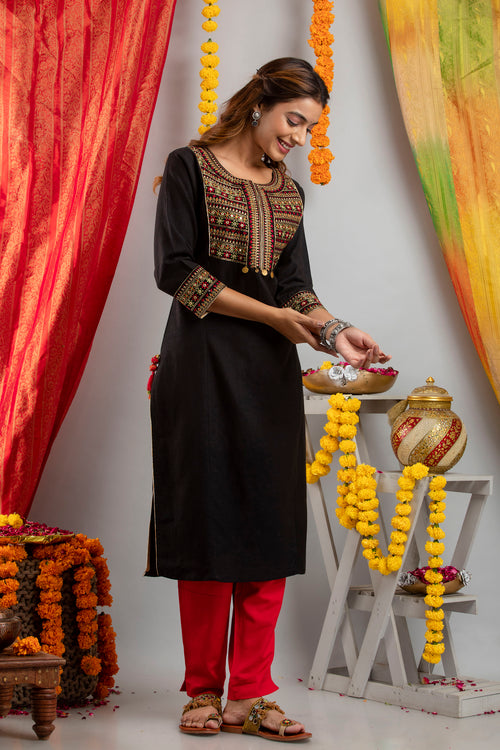 EMBROIDERED FESTIVE WEAR LONG KURTI WITH MIRROR WORK