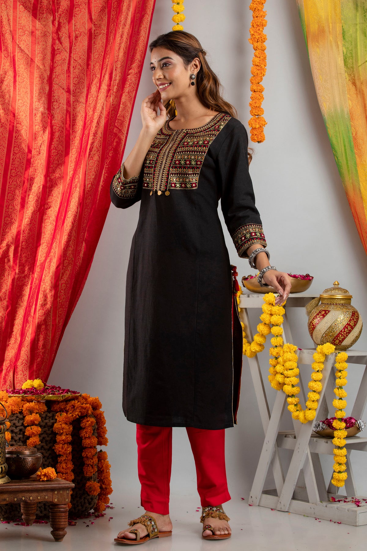 EMBROIDERED FESTIVE WEAR LONG KURTI WITH MIRROR WORK