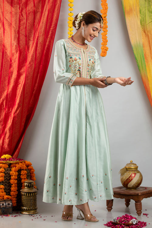 Kalidar Kurta Set with Mirror Work Embroidery