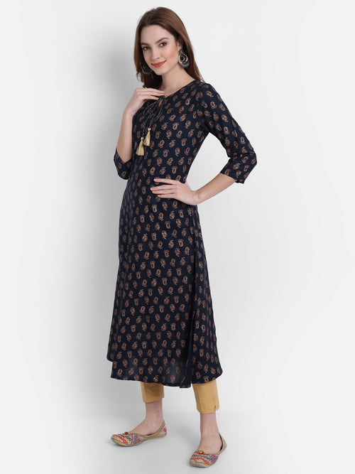 Rayon Gold Printed Kurti with Intricate Dori Tassel Detail