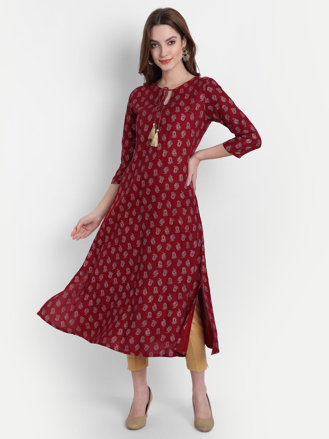 Rayon Gold Printed Kurti with Intricate Dori Tassel Detail