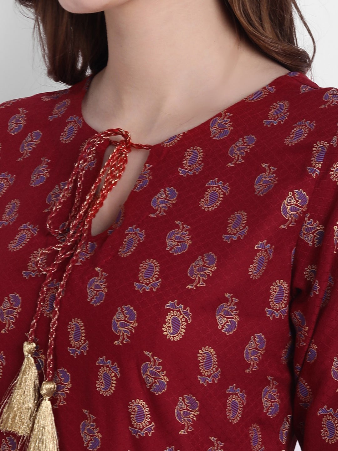 Rayon Gold Printed Kurti with Intricate Dori Tassel Detail