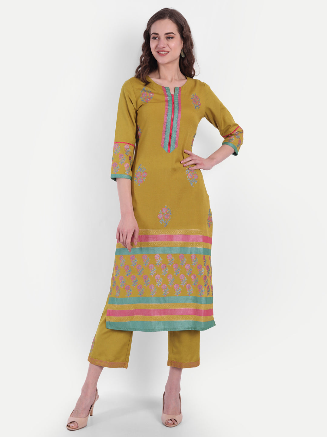 Rayon Linen Gold Printed Embroidered Kurta & Pant Set