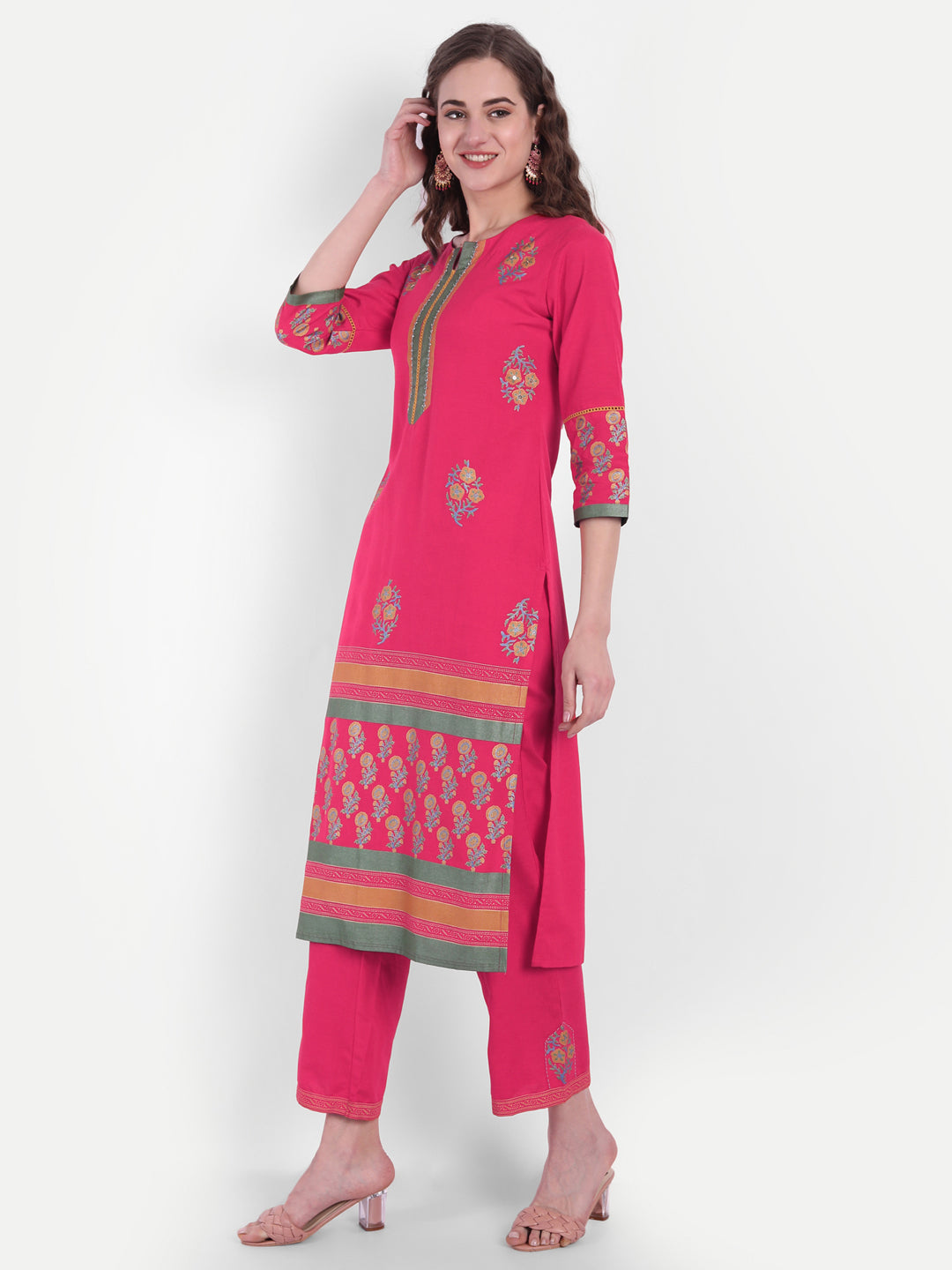 Rayon Linen Gold Printed Embroidered Kurta & Pant Set