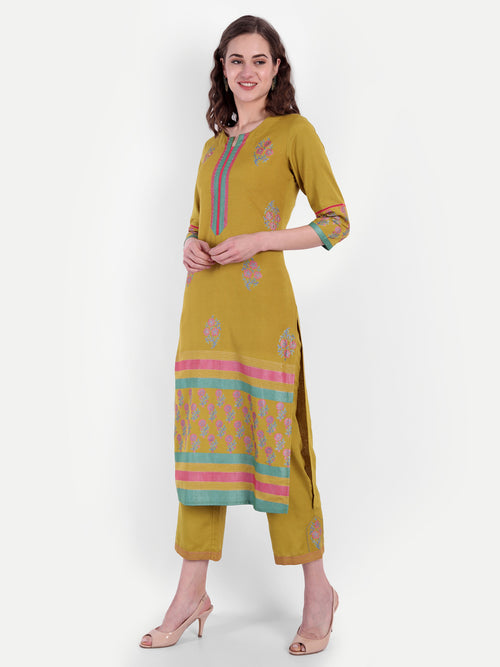 Rayon Linen Gold Printed Embroidered Kurta & Pant Set