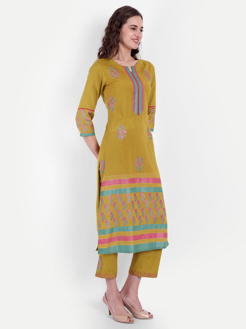 Rayon Linen Gold Printed Embroidered Kurta & Pant Set