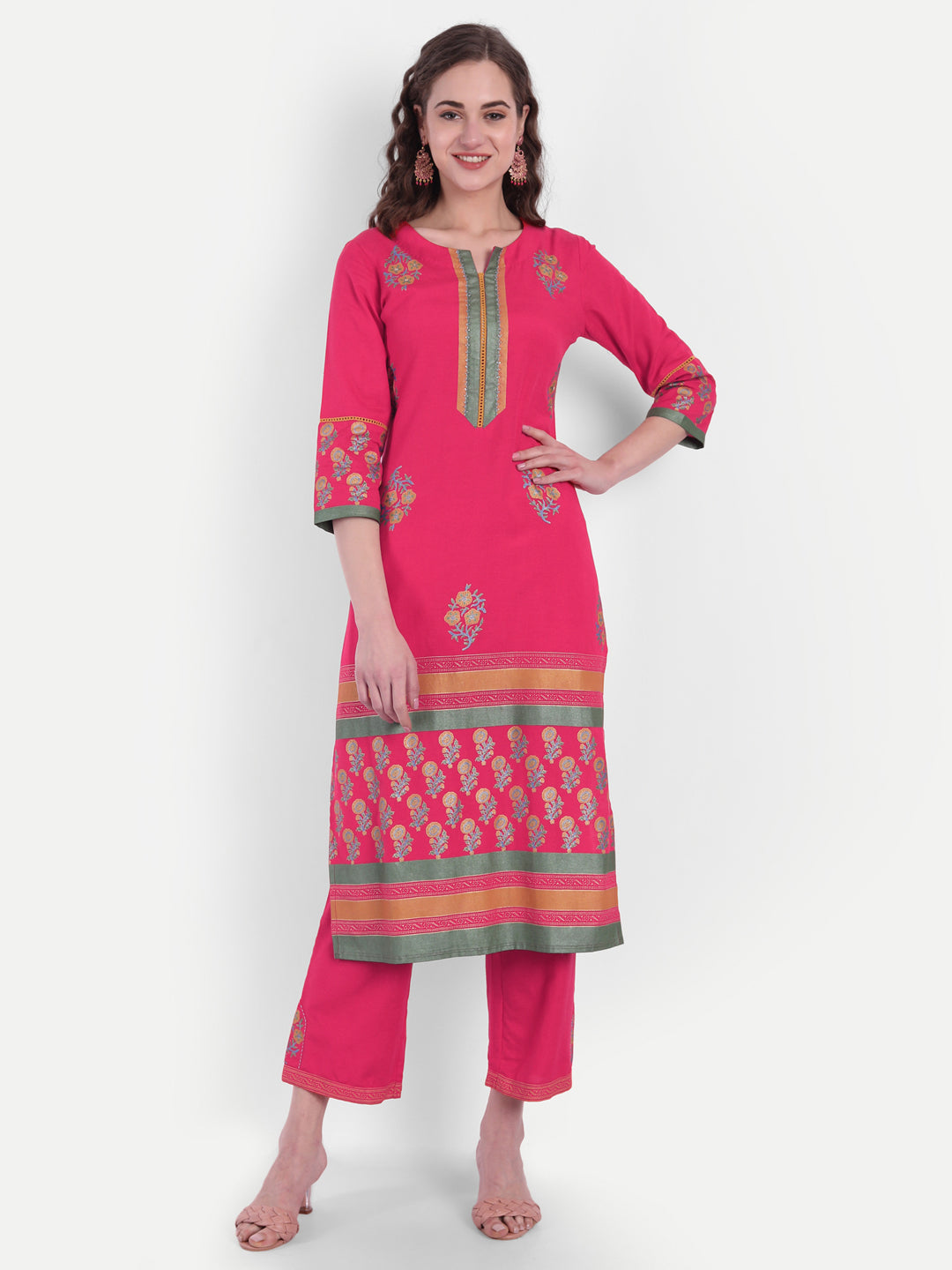 Rayon Linen Gold Printed Embroidered Kurta & Pant Set