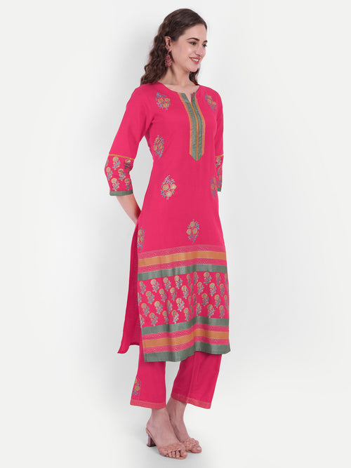 Rayon Linen Gold Printed Embroidered Kurta & Pant Set