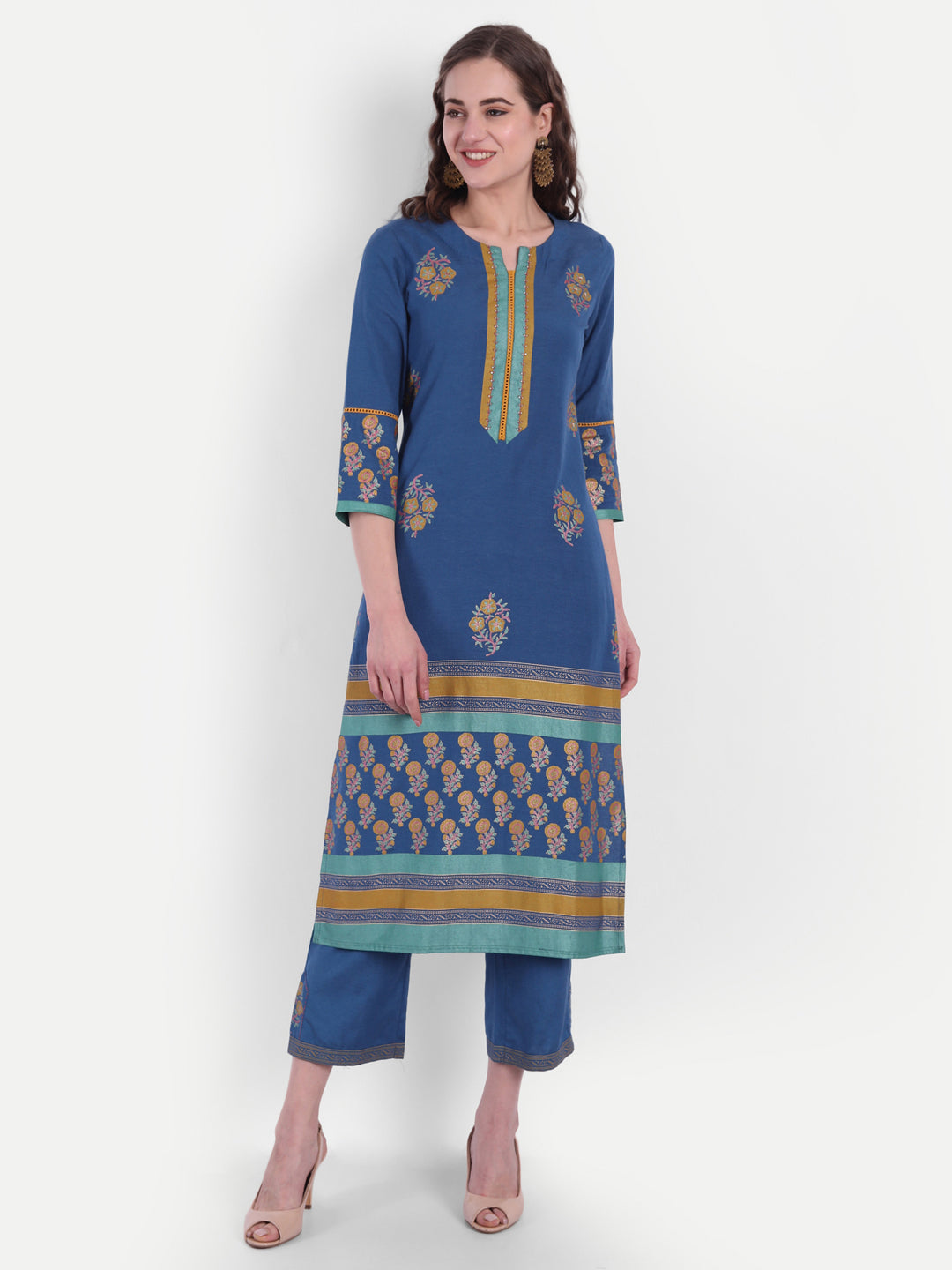 Rayon Linen Gold Printed Embroidered Kurta & Pant Set