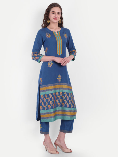 Rayon Linen Gold Printed Embroidered Kurta & Pant Set