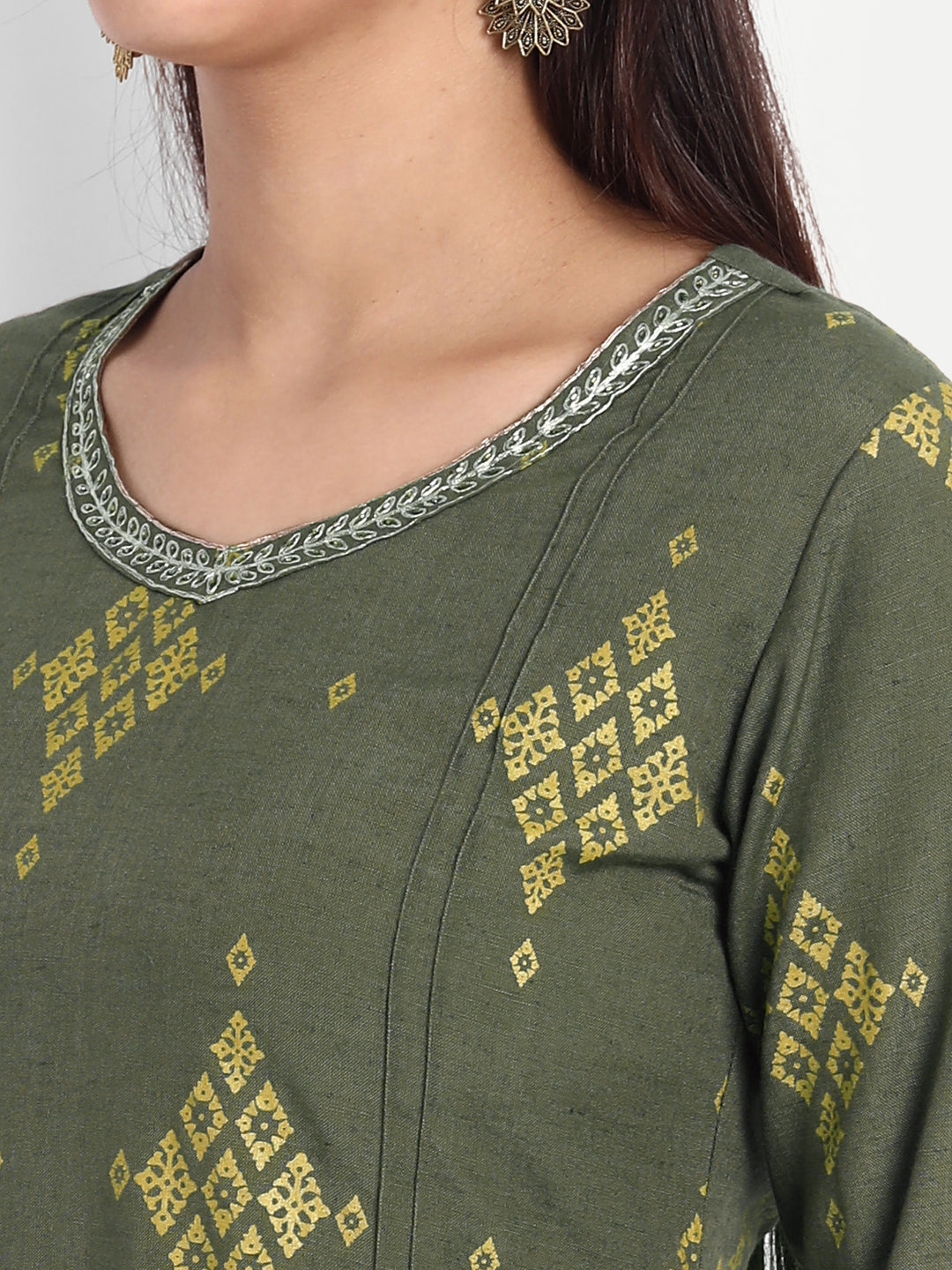 GOLD PRINTED EMBROIDERED A-LINE KURTA