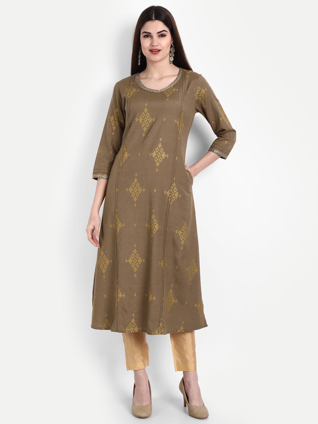 GOLD PRINTED EMBROIDERED A-LINE KURTA