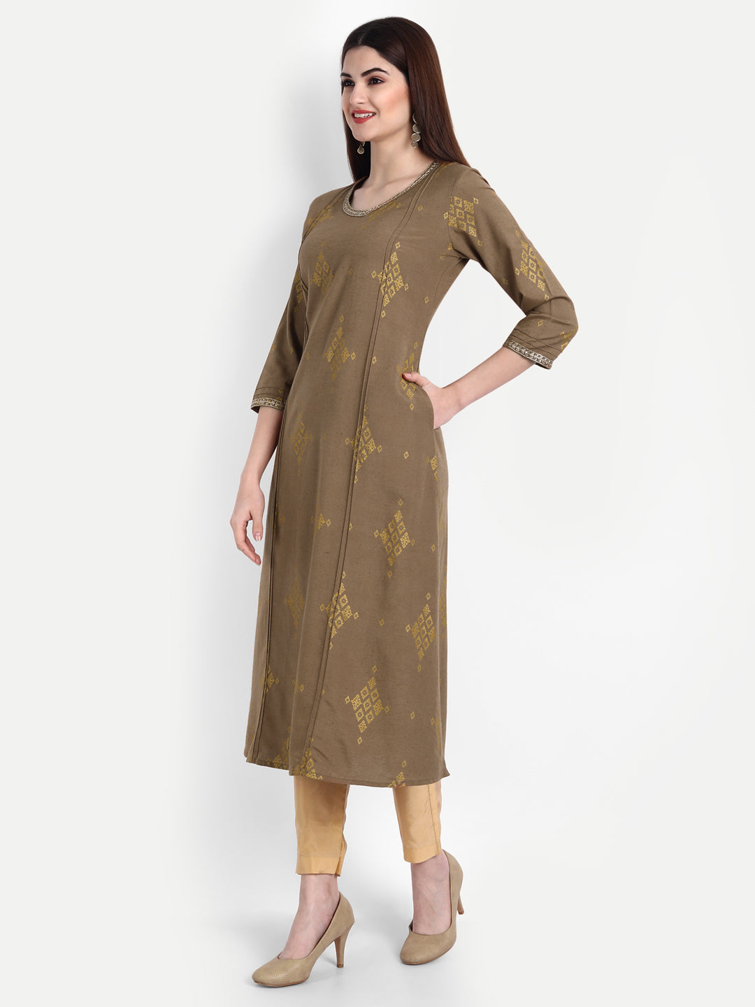 GOLD PRINTED EMBROIDERED A-LINE KURTA