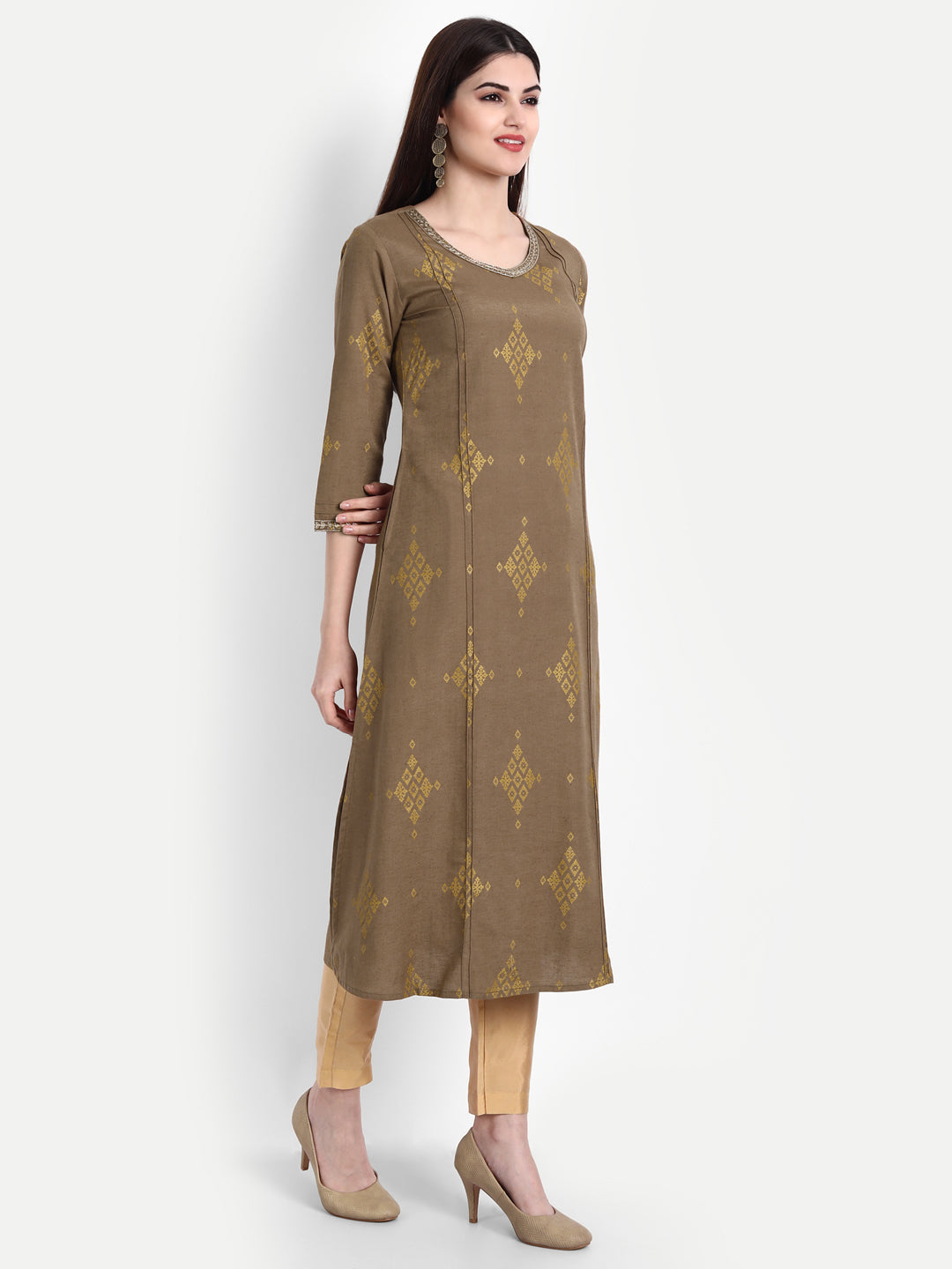 GOLD PRINTED EMBROIDERED A-LINE KURTA