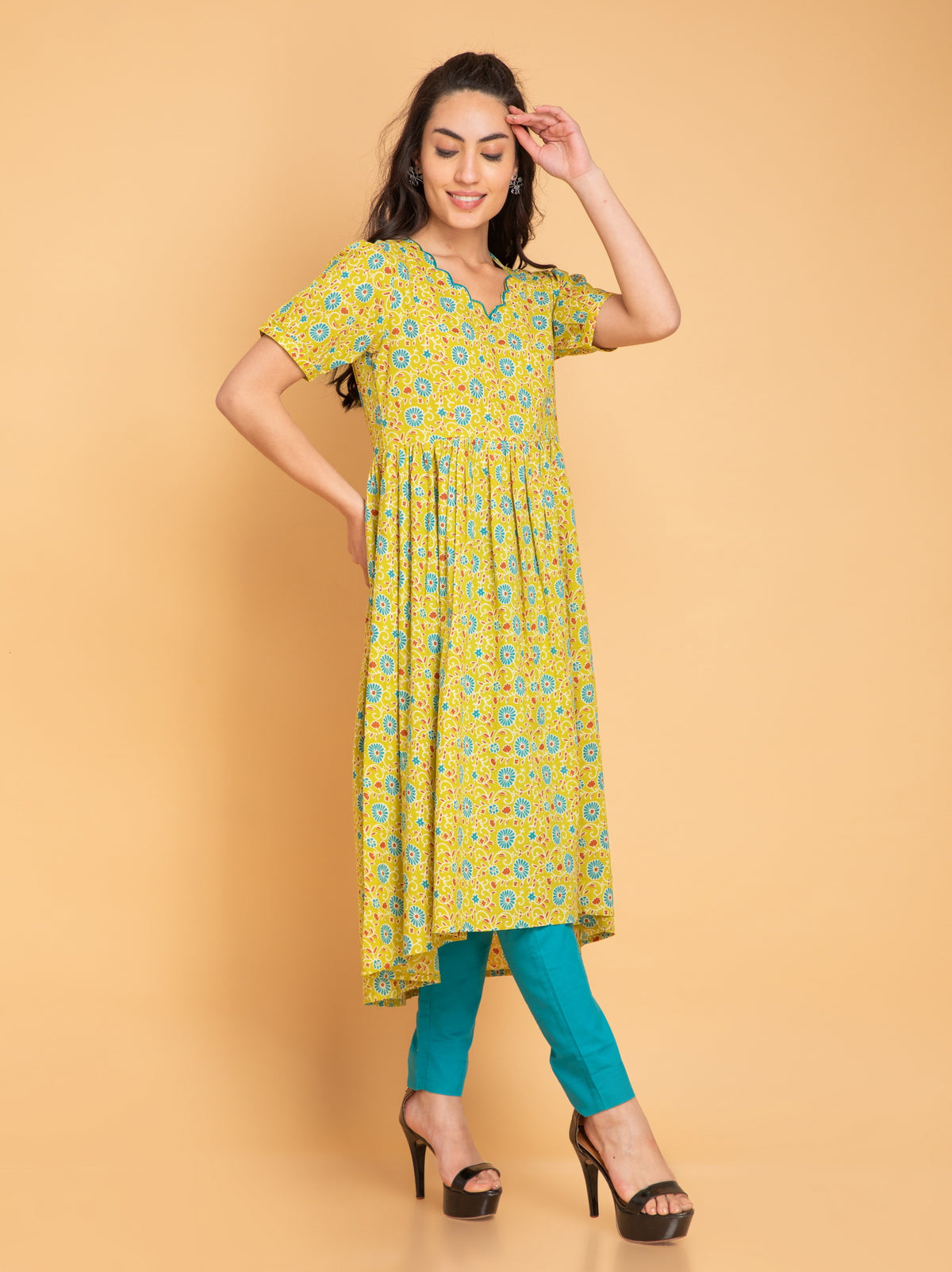 Mul Cotton Floral Printed High-Low 2 Pc Kurta Set