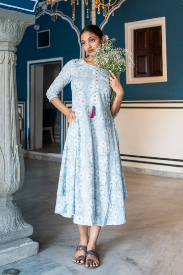 Floral Printed Long Dress with Comfortable Pocket