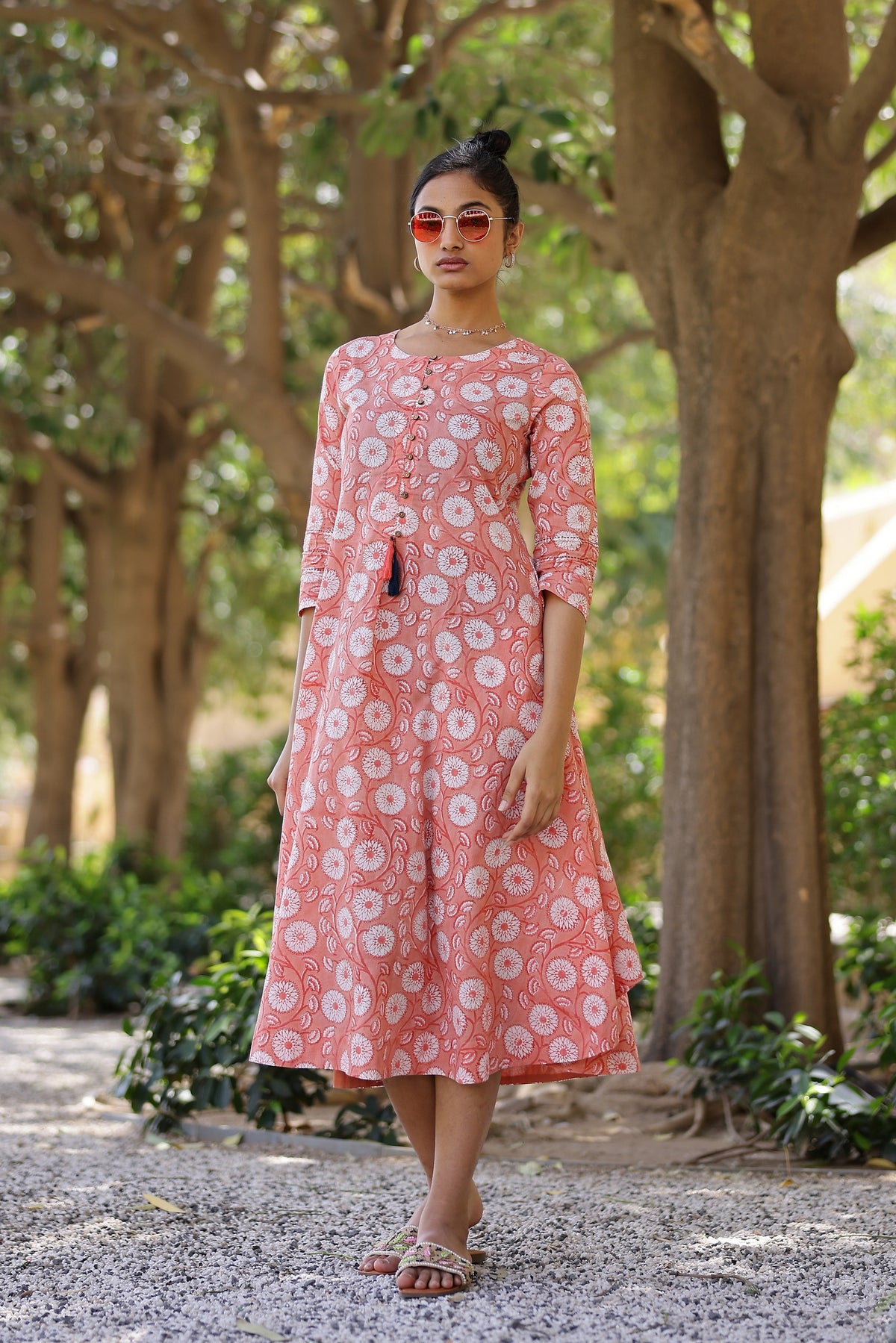Floral Printed Cotton Long Dress with Comfortable Pocket