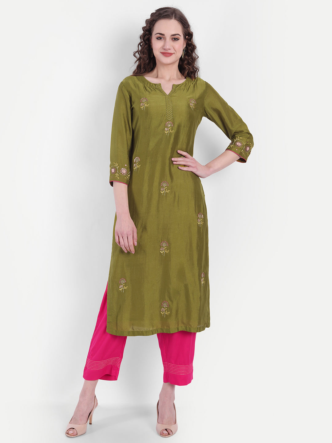 Olive Green & Pink Floral Embroidered Rayon V-Neck Kurta with Trousers