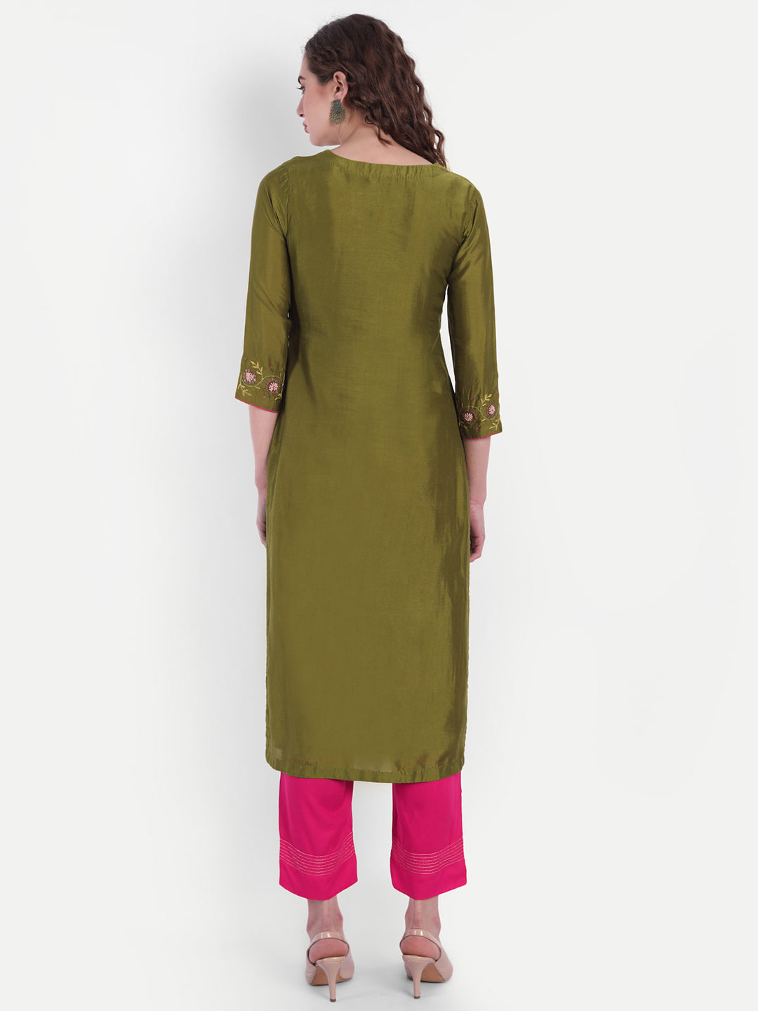 Olive Green & Pink Floral Embroidered Rayon V-Neck Kurta with Trousers