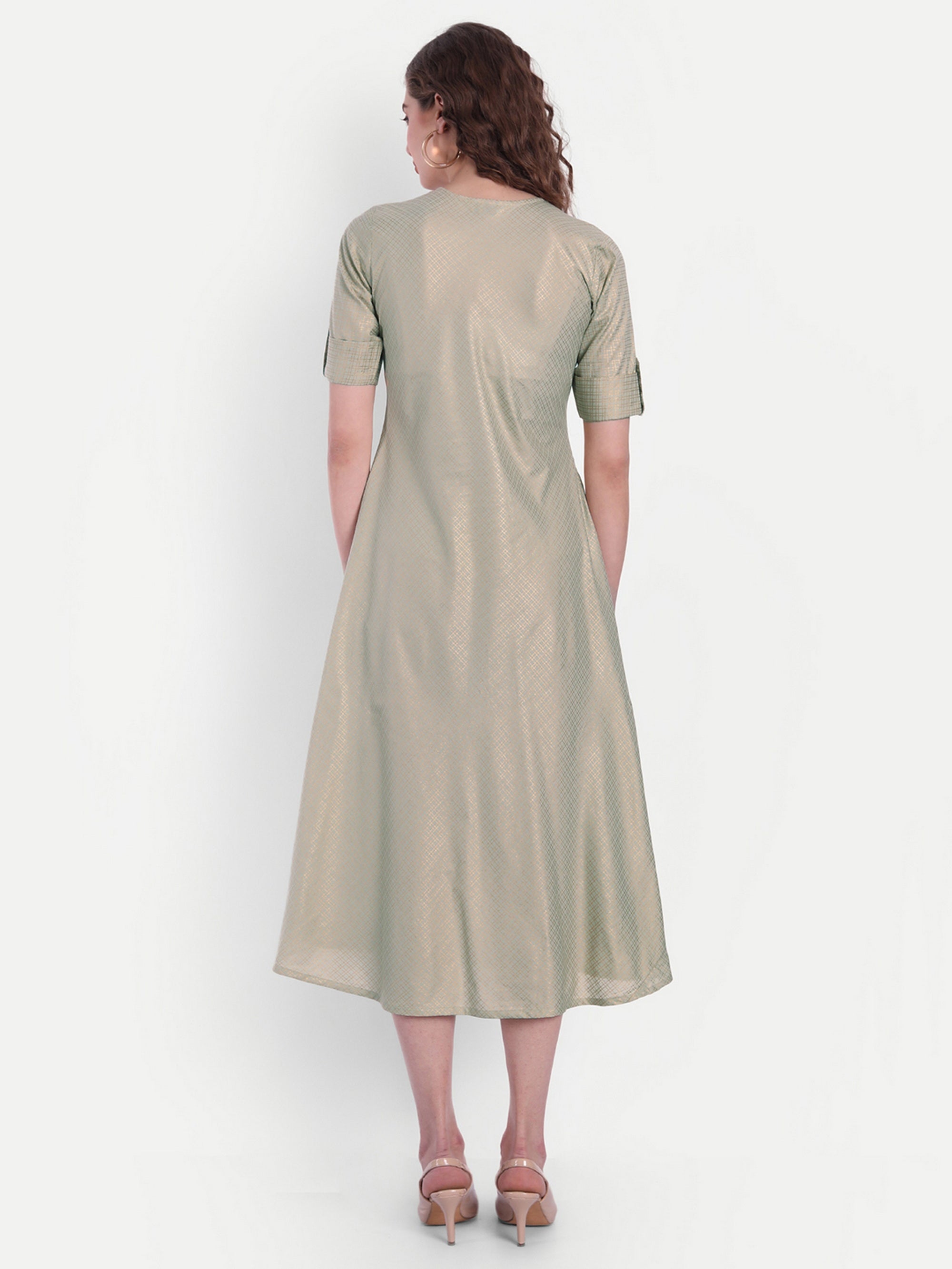 Mul Cotton Gold Printed Swamp Green A-Line Dress sutionline Mul Cotton Gold Printed Swamp Green A-Line Dress sutionline