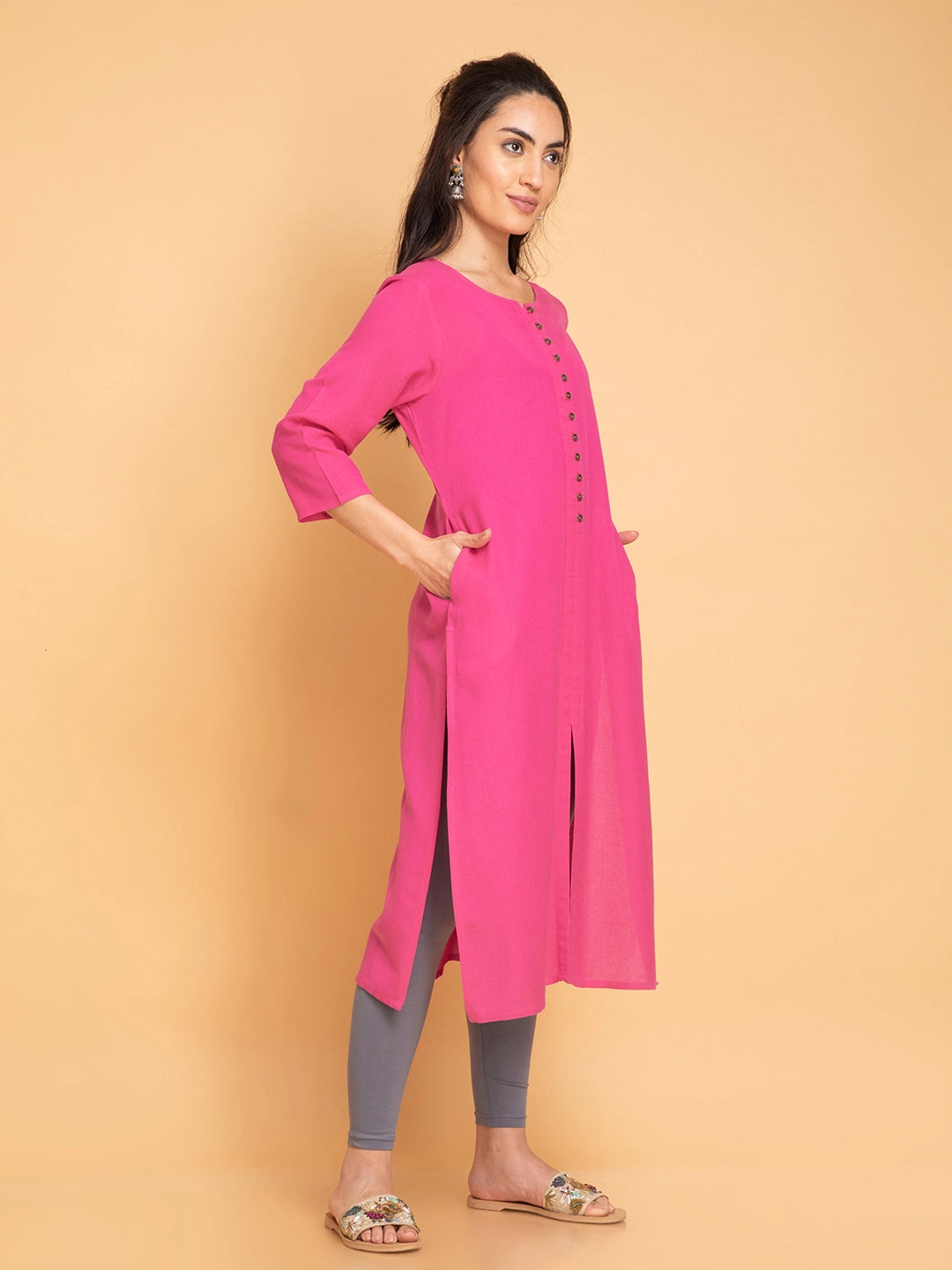 Linen Blend Long Kurti with Metal Buttons