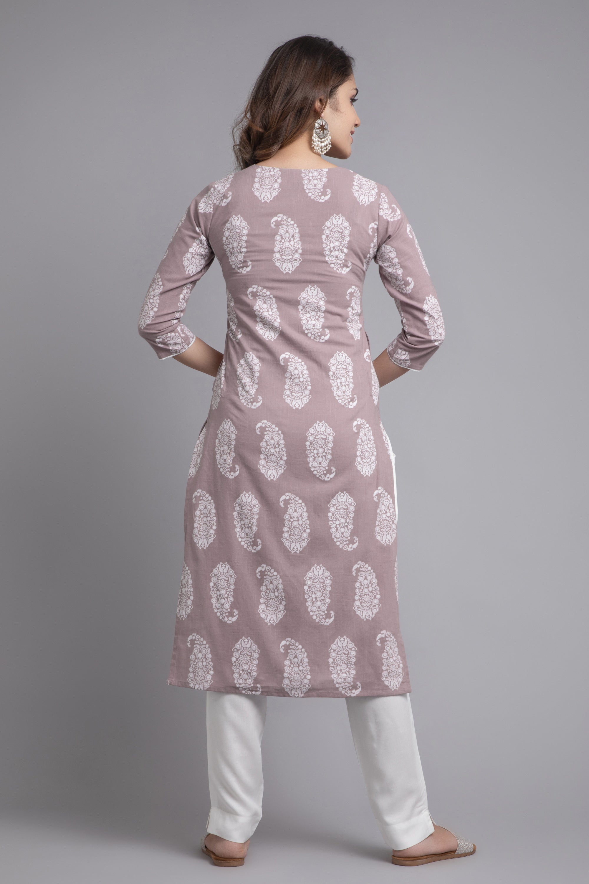 Deauville Mouve Block Print Cotton Slub Long Kurti for Women