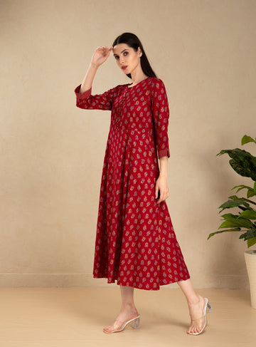 Maroon Red Long Dress in Rayon Dobby