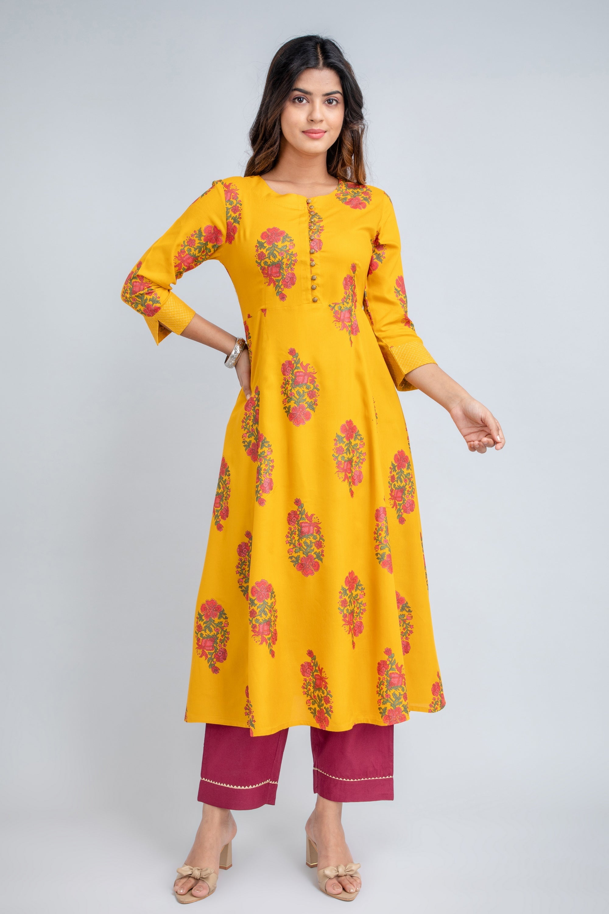 Mustard Long Dress in Rayon Dobby